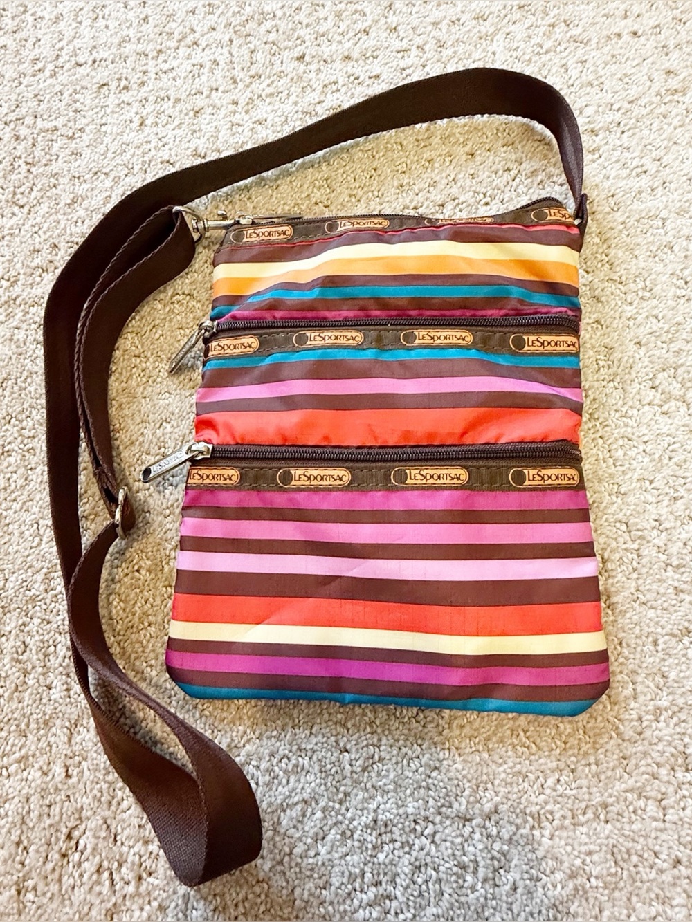 LeSportSac Kasey Rugby Striped Nylon 3-Zip Crossbody Bag Brown Orange Purple 70s